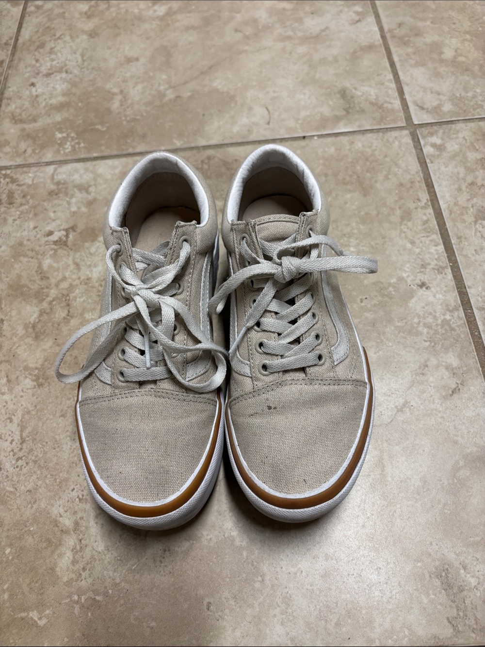 Vans Beige Canvas Low-Top Sneakers with Brown Trim